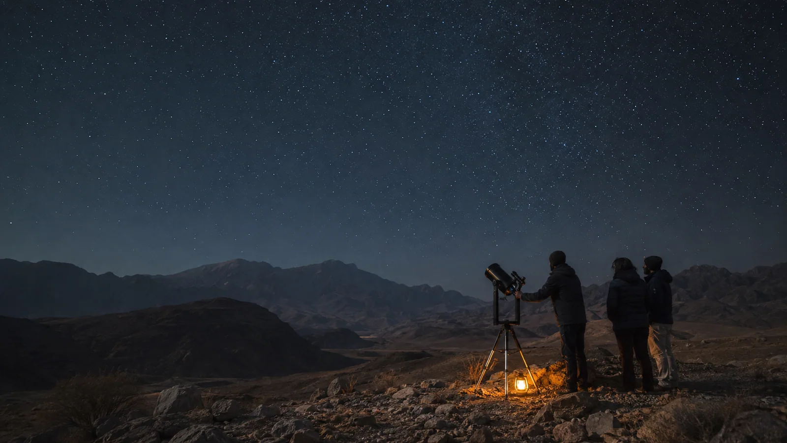 People beside a telescope under a dark sky; reference image