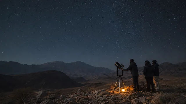 People beside a telescope under a dark sky; reference image