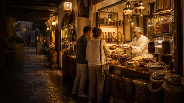 A food and market lane lit in the evening