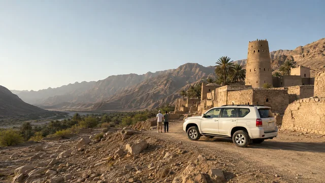 A 4x4 beside village buildings and mountain scenery
