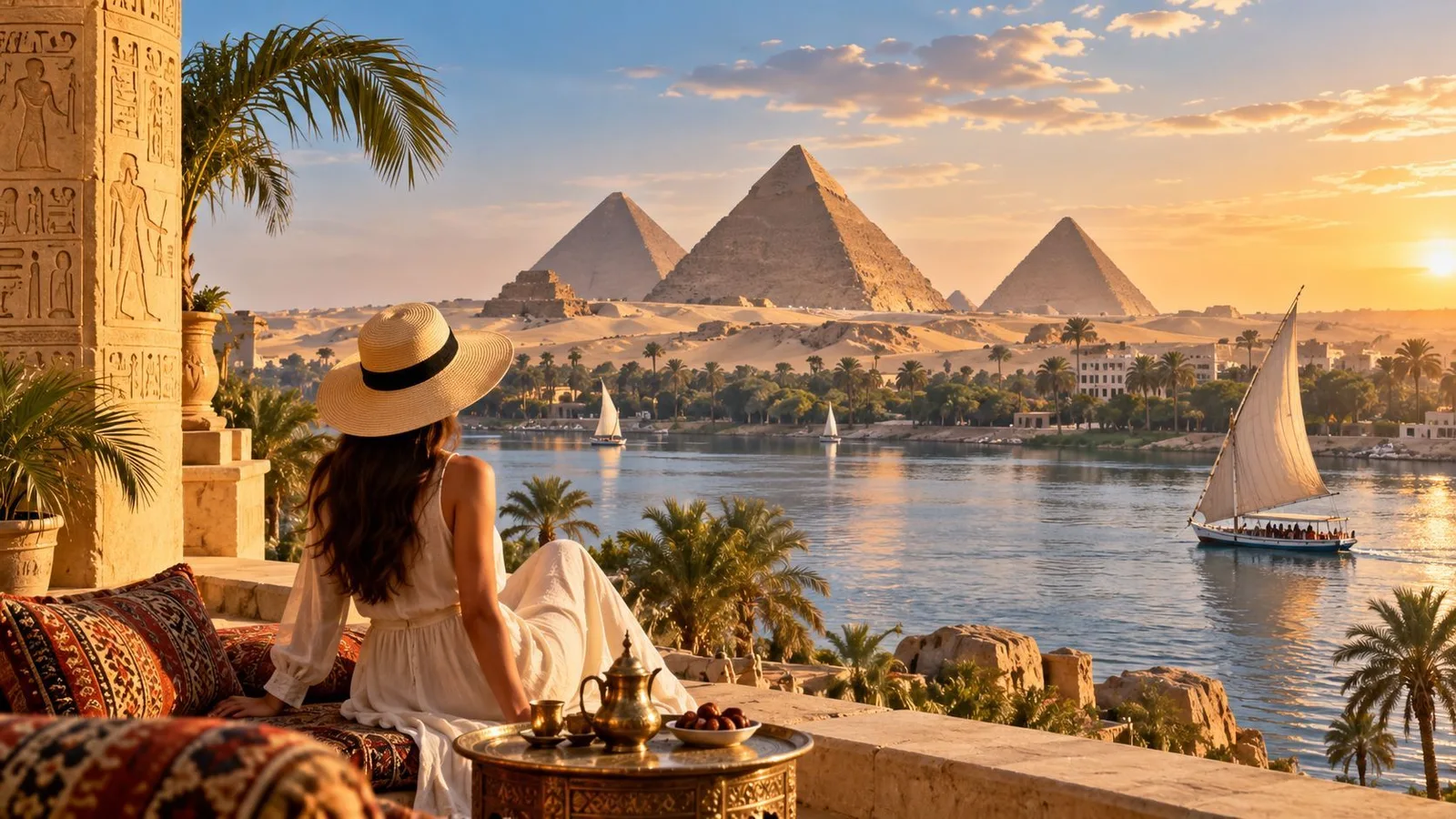 Egypt travel illustration with pyramids, a riverside terrace and a sailing boat