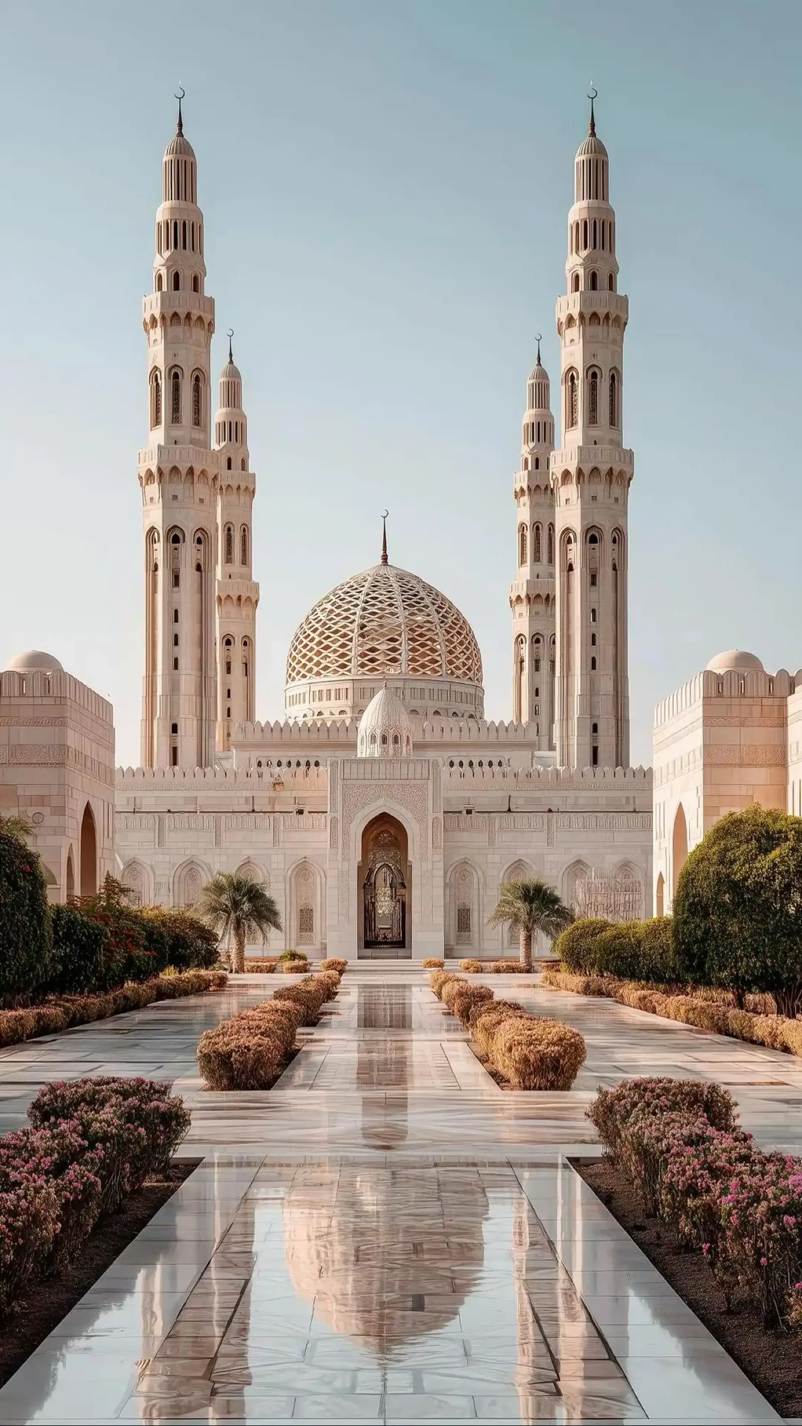White mosque arches and courtyard in Muscat