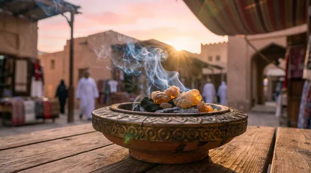 Frankincense burning in a market setting